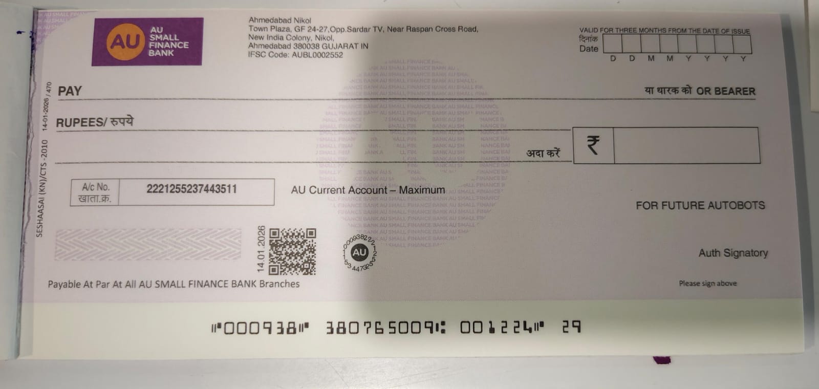 Future Autobots Bank Cheque Image