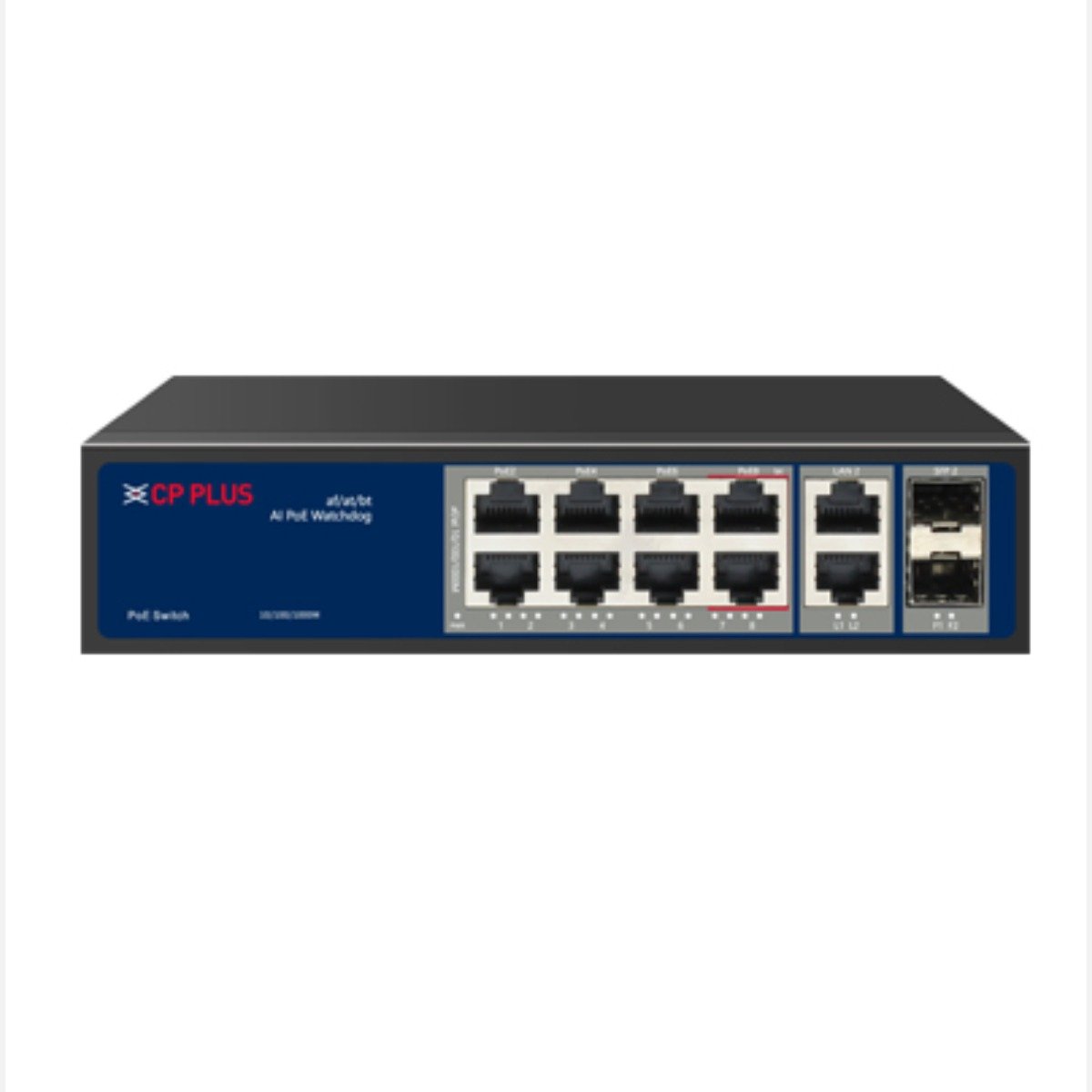 CP-ANW-GPU8G2F2-N12 CP Plus 8 Port All Gigabit PoE Switch with 2 10/100/1000 Mbps Uplink X SFP uplink (Power Budget 96W)